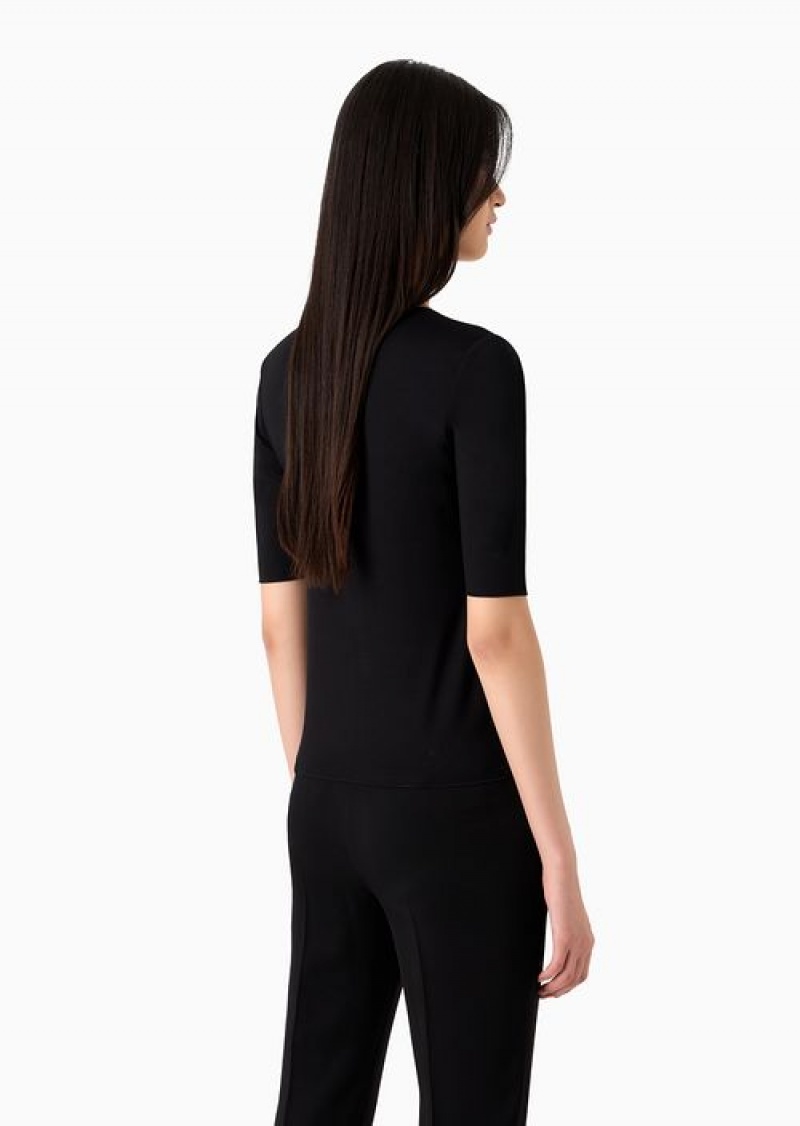 Black Emporio Armani Viscose Stretch Jersey V-neck Jumper With Three-quarter Length Sleeves | EA-SN57041