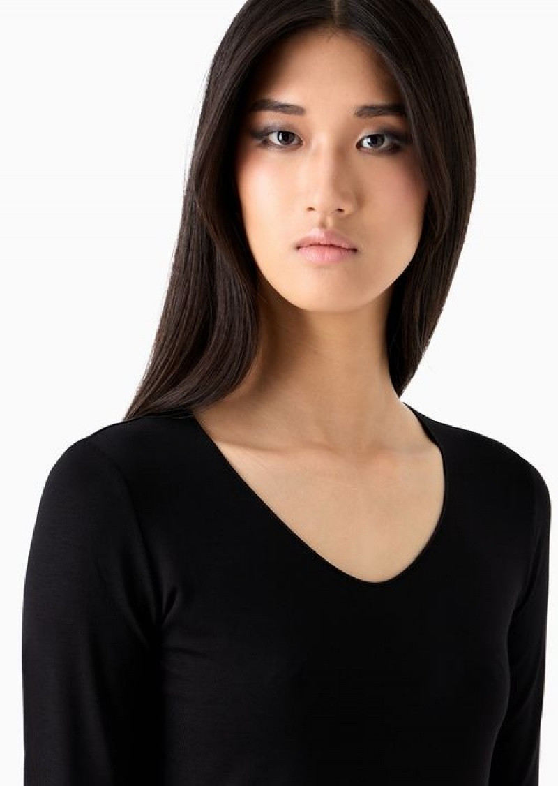 Black Emporio Armani Viscose Stretch Jersey V-neck Jumper With Three-quarter Length Sleeves | EA-SN57041