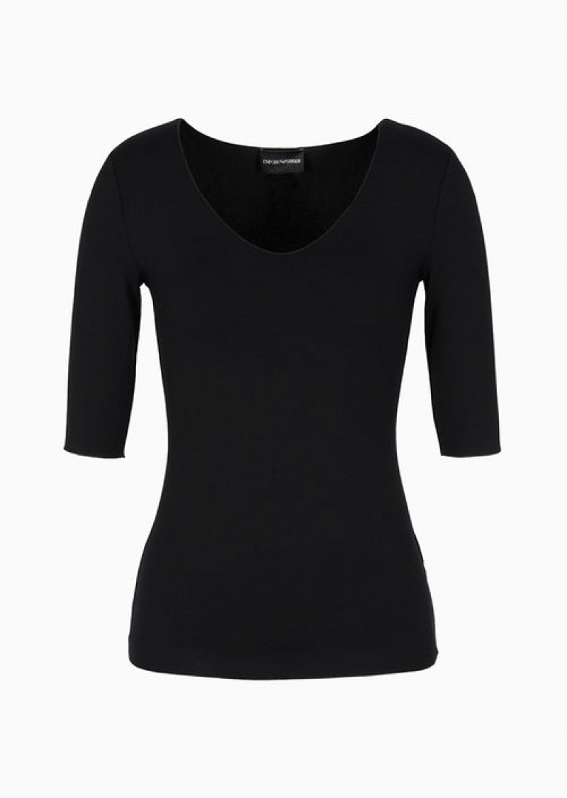 Black Emporio Armani Viscose Stretch Jersey V-neck Jumper With Three-quarter Length Sleeves | EA-SN57041