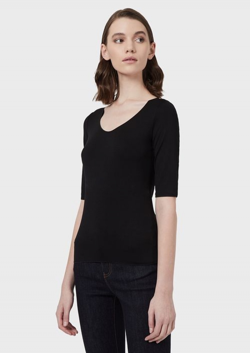 Black Emporio Armani Viscose Stretch Jersey Jumper With Three-quarter Length Sleeves | EA-SN57051