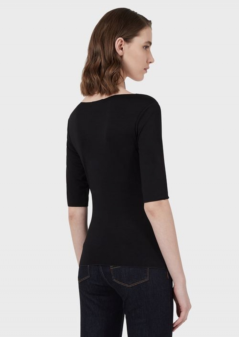 Black Emporio Armani Viscose Stretch Jersey Jumper With Three-quarter Length Sleeves | EA-SN57051