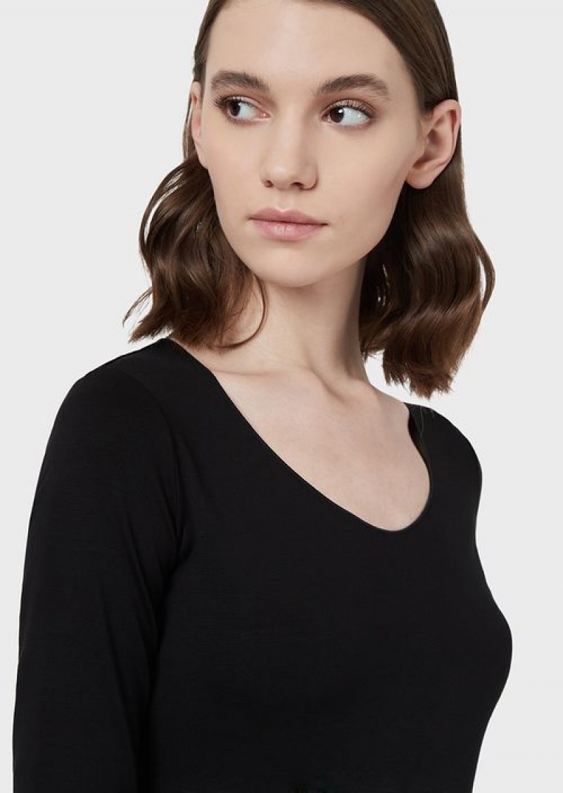 Black Emporio Armani Viscose Stretch Jersey Jumper With Three-quarter Length Sleeves | EA-SN57051