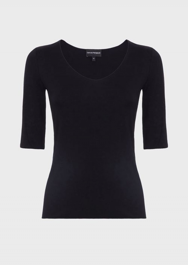 Black Emporio Armani Viscose Stretch Jersey Jumper With Three-quarter Length Sleeves | EA-SN57051