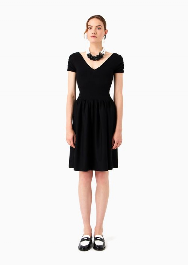 Black Emporio Armani V-neck Knit Dress With Two-toned, Jacquard Chevron Motif | EA-SN56512