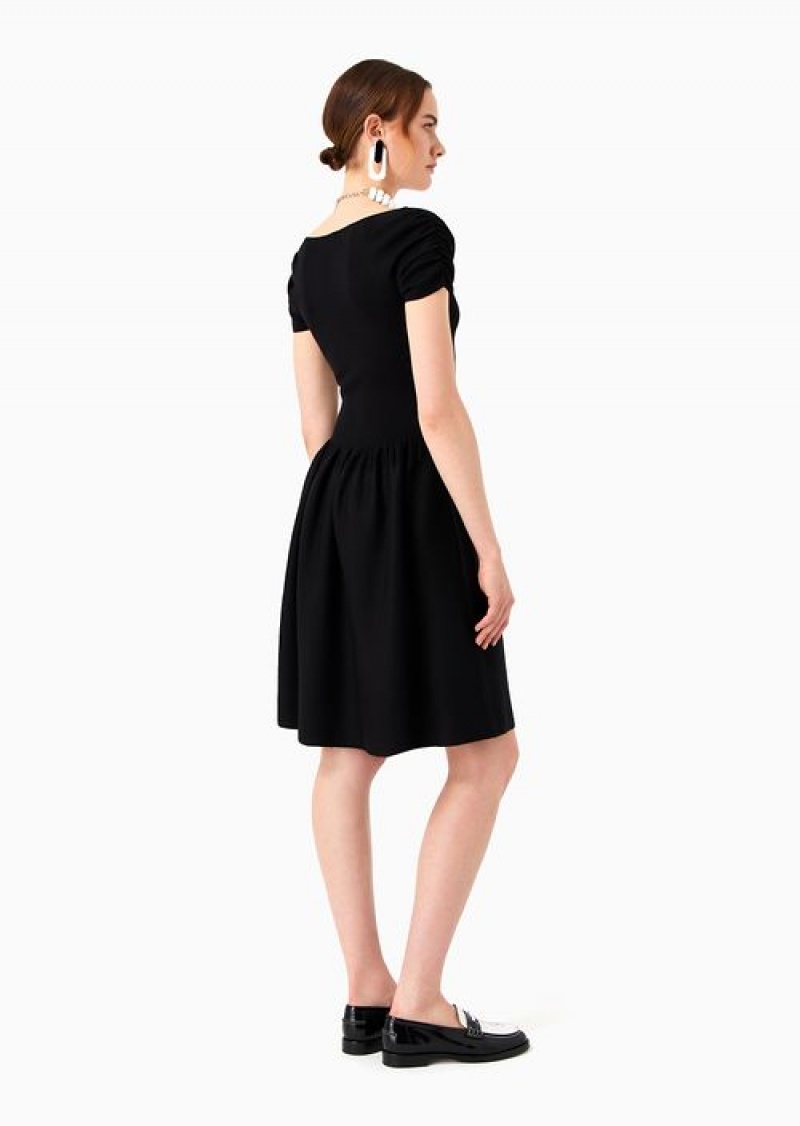 Black Emporio Armani V-neck Knit Dress With Two-toned, Jacquard Chevron Motif | EA-SN56512