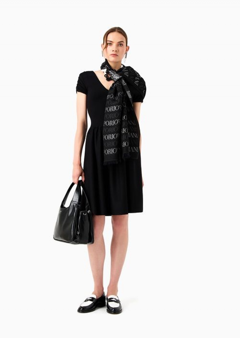 Black Emporio Armani V-neck Knit Dress With Two-toned, Jacquard Chevron Motif | EA-SN56512