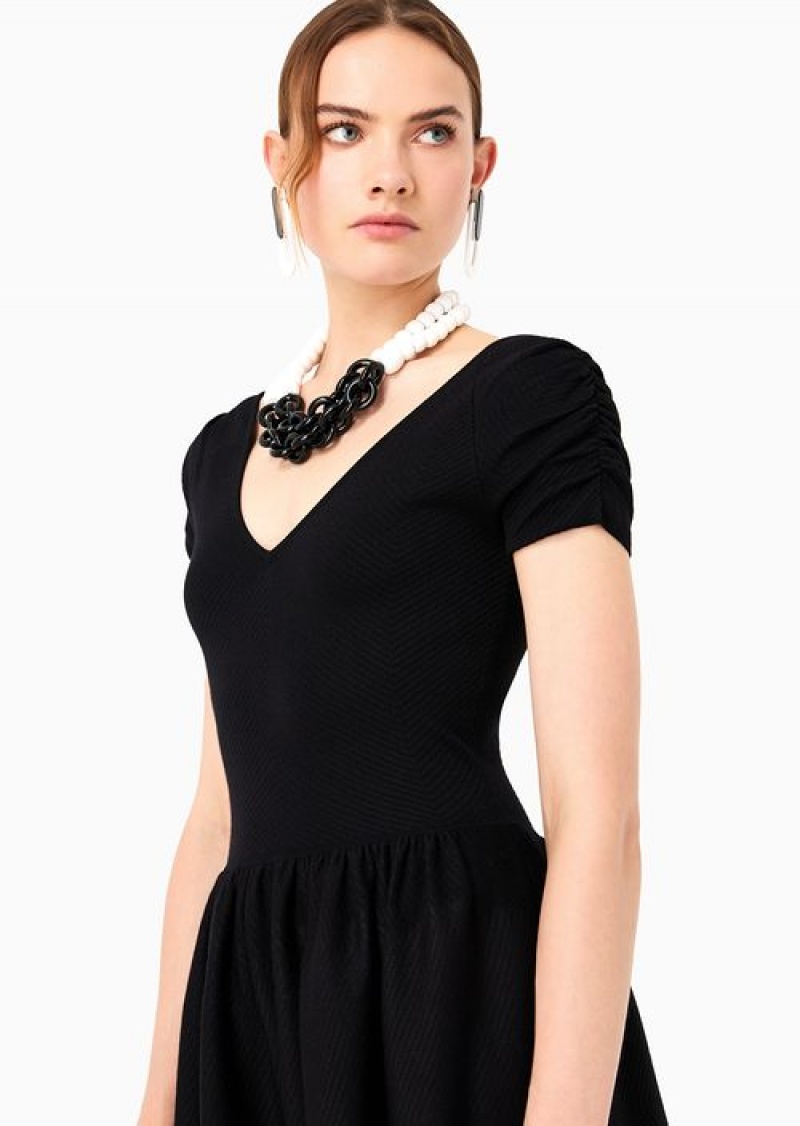 Black Emporio Armani V-neck Knit Dress With Two-toned, Jacquard Chevron Motif | EA-SN56512