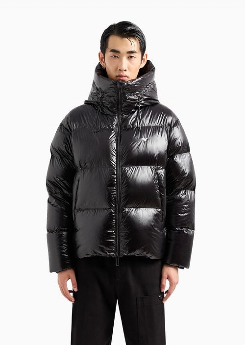 Black Emporio Armani Water-repellent Hooded Down Jacket In Quilted Nylon | EA-SN58230