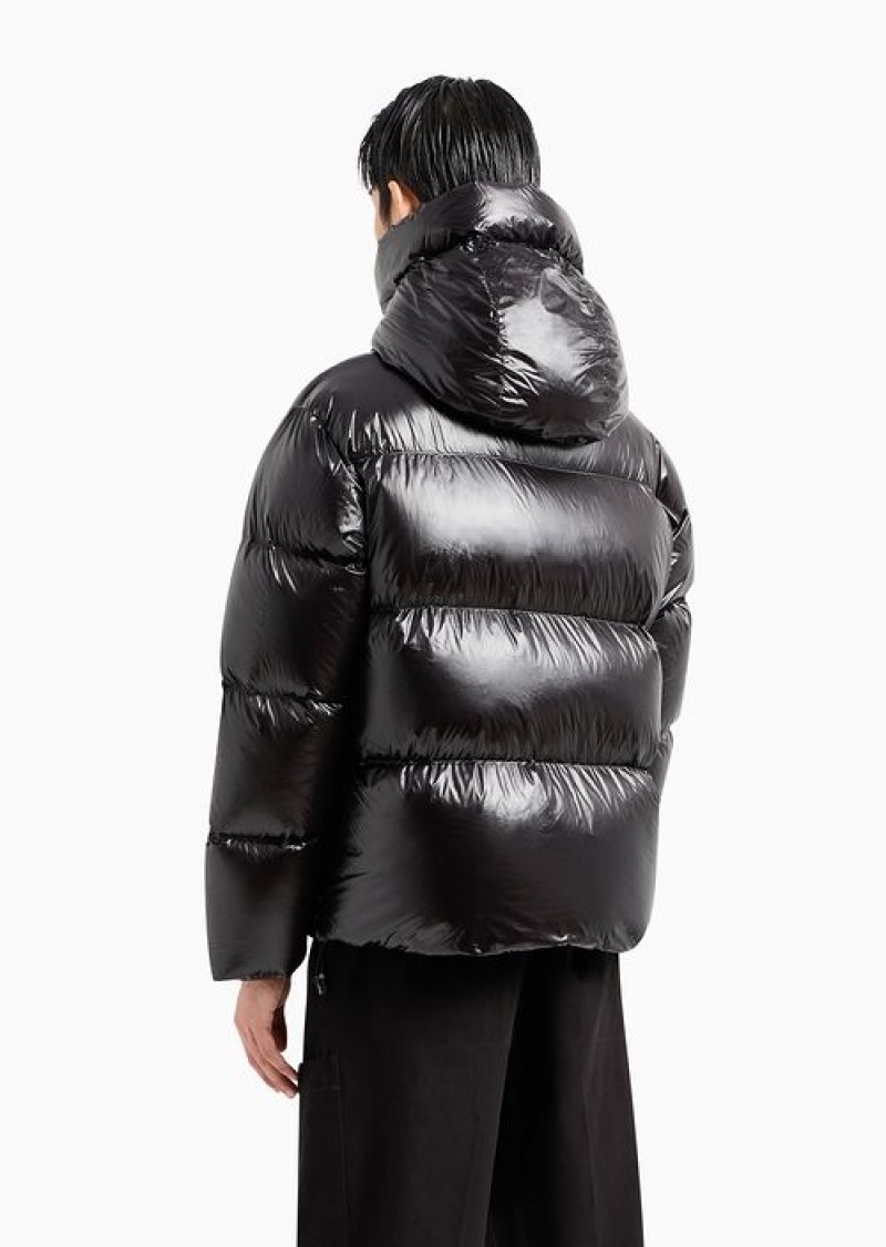 Black Emporio Armani Water-repellent Hooded Down Jacket In Quilted Nylon | EA-SN58230