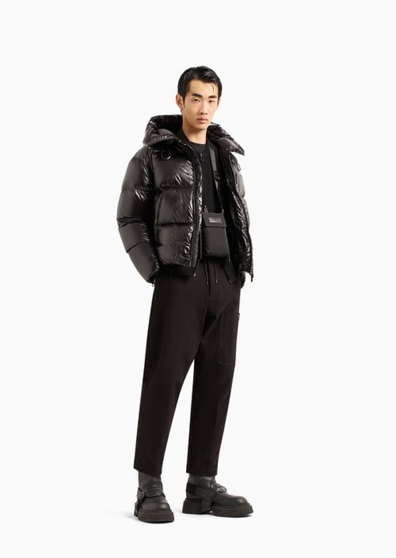 Black Emporio Armani Water-repellent Hooded Down Jacket In Quilted Nylon | EA-SN58230