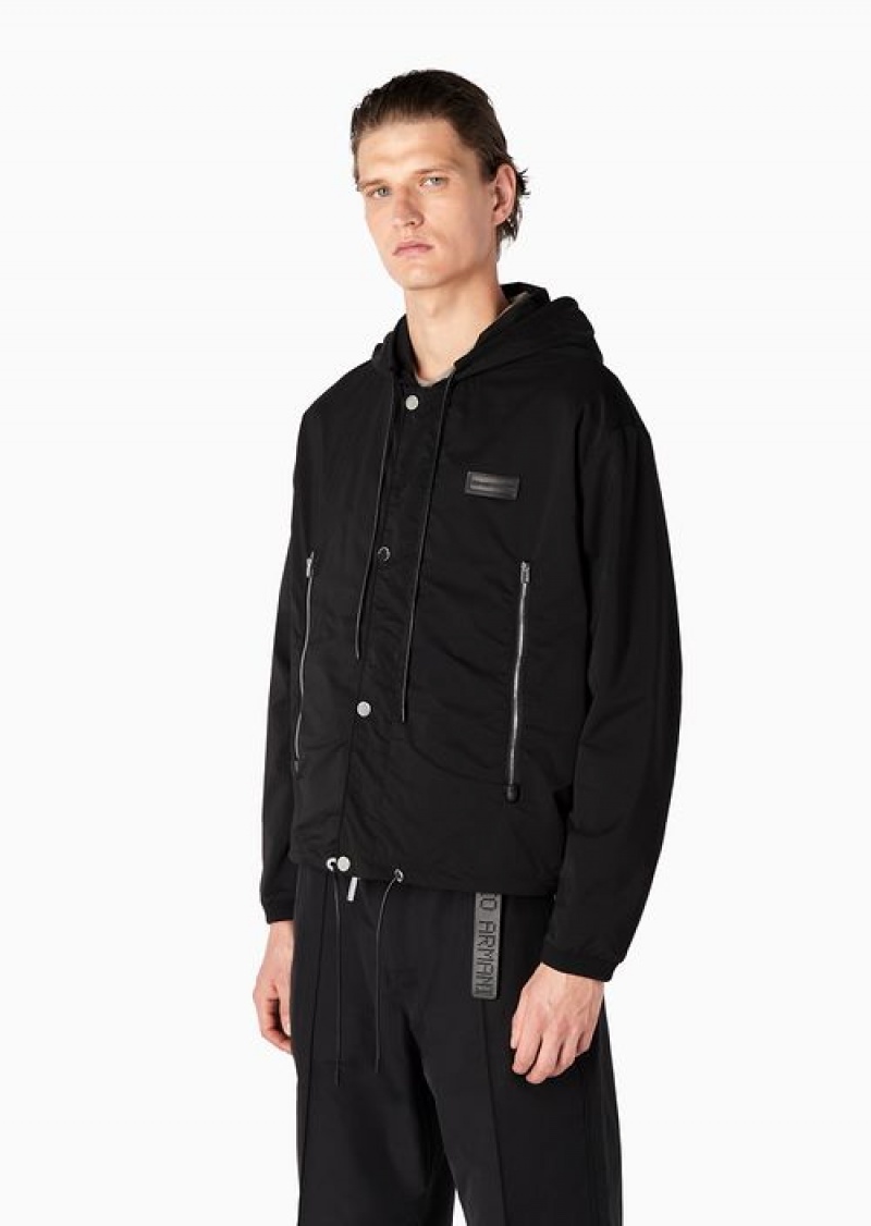 Black Emporio Armani Water-repellent, Lightweight Ripstop-nylon Hooded Blouson In A Micro-check Pattern | EA-SN58194