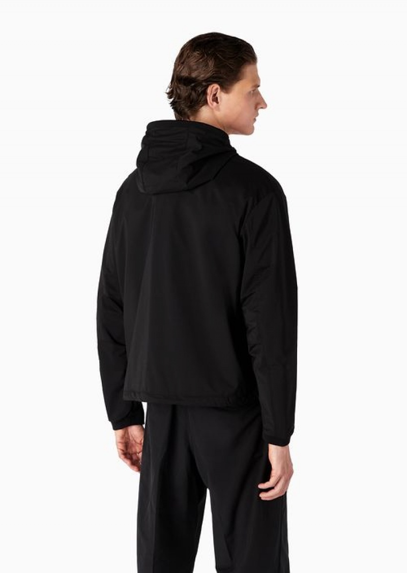 Black Emporio Armani Water-repellent, Lightweight Ripstop-nylon Hooded Blouson In A Micro-check Pattern | EA-SN58194