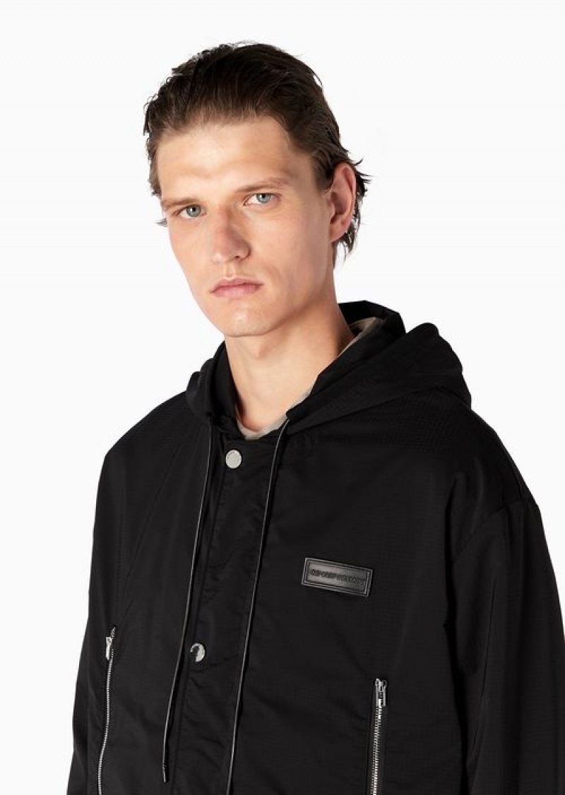 Black Emporio Armani Water-repellent, Lightweight Ripstop-nylon Hooded Blouson In A Micro-check Pattern | EA-SN58194