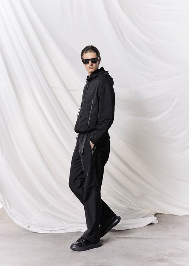 Black Emporio Armani Water-repellent, Lightweight Ripstop-nylon Hooded Blouson In A Micro-check Pattern | EA-SN58194