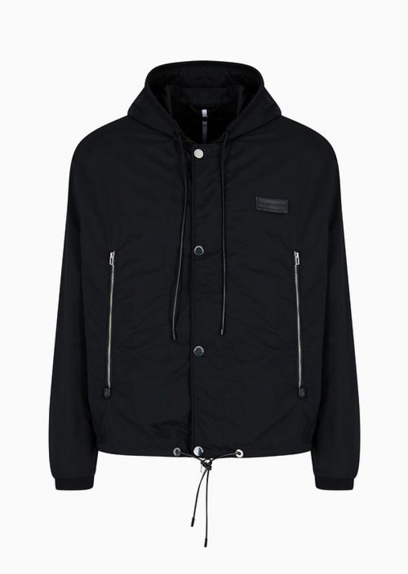 Black Emporio Armani Water-repellent, Lightweight Ripstop-nylon Hooded Blouson In A Micro-check Pattern | EA-SN58194