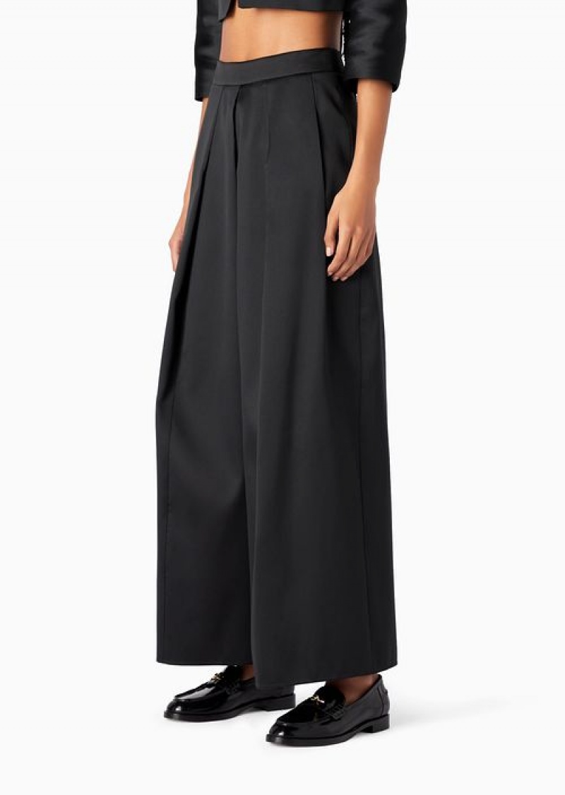 Black Emporio Armani Wide Trousers With Godet Pleat In Mikado Fabric | EA-SN56829