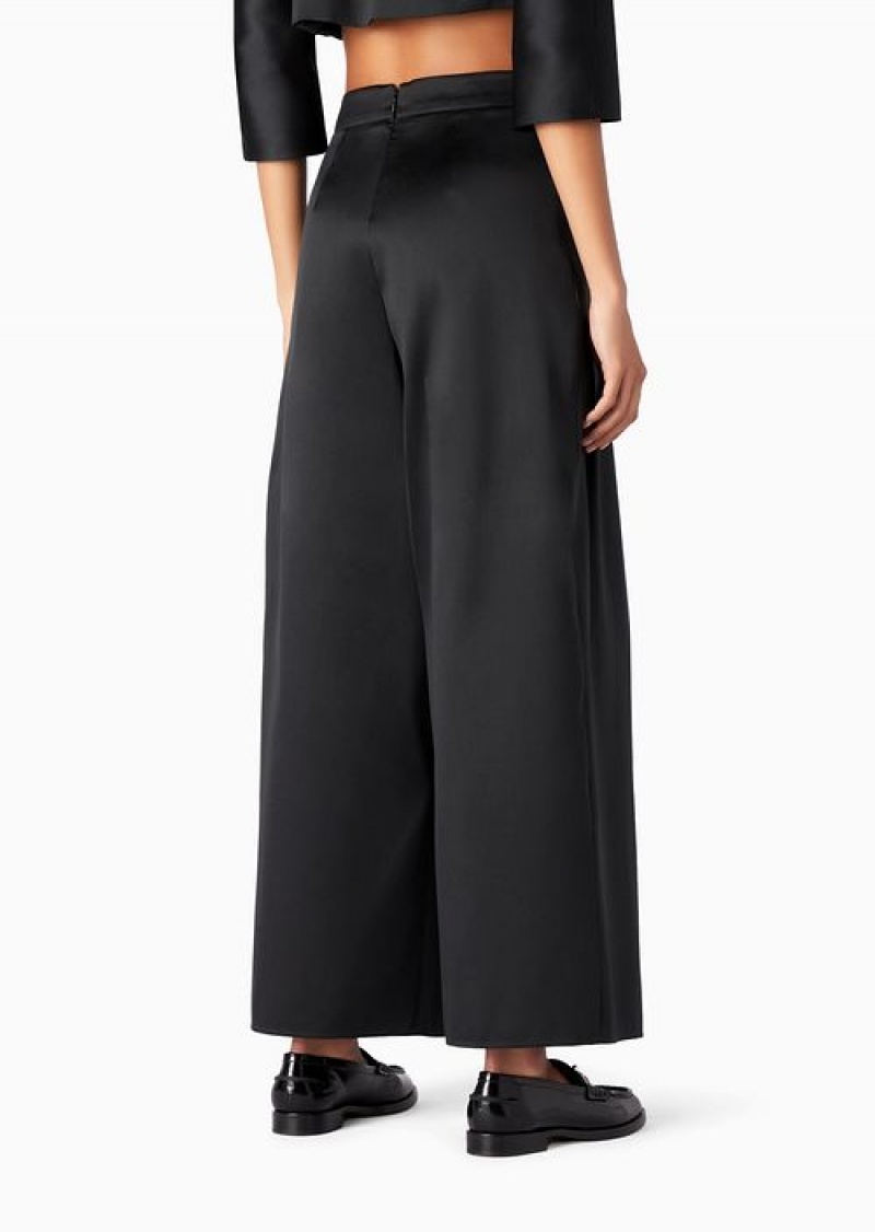 Black Emporio Armani Wide Trousers With Godet Pleat In Mikado Fabric | EA-SN56829