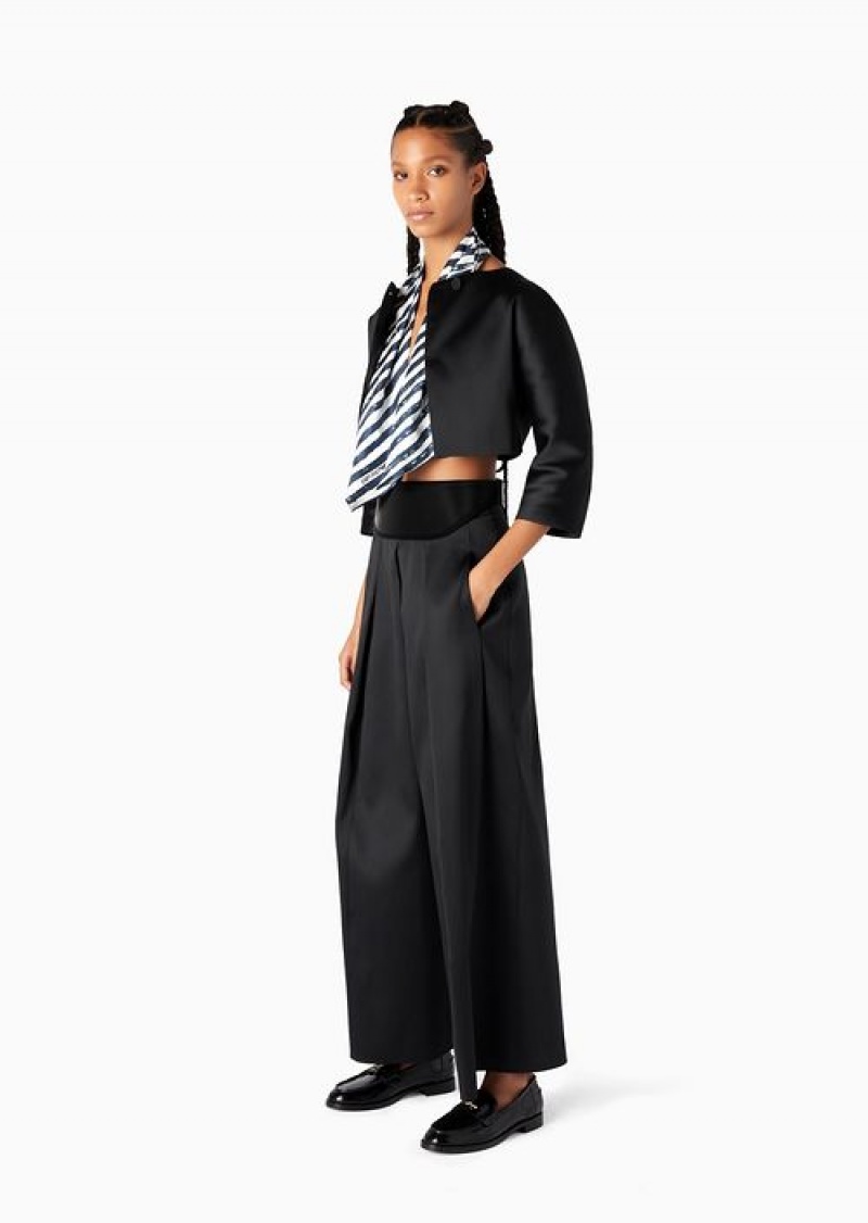 Black Emporio Armani Wide Trousers With Godet Pleat In Mikado Fabric | EA-SN56829