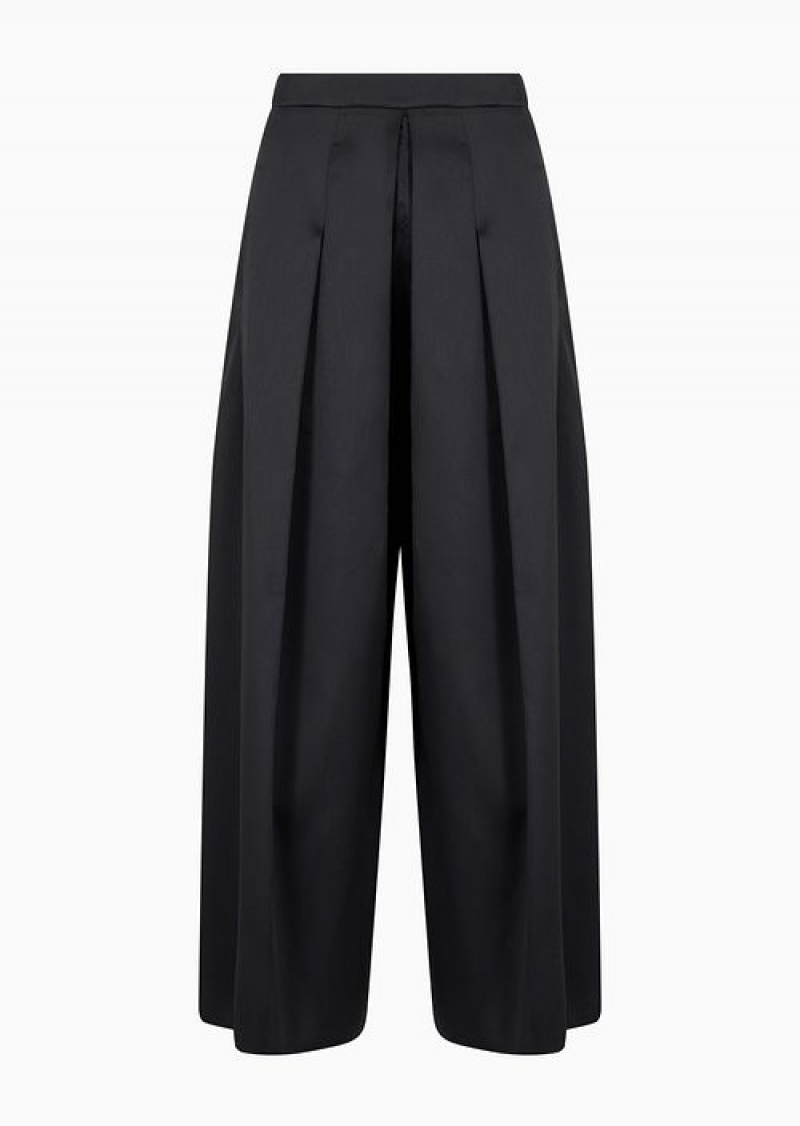 Black Emporio Armani Wide Trousers With Godet Pleat In Mikado Fabric | EA-SN56829