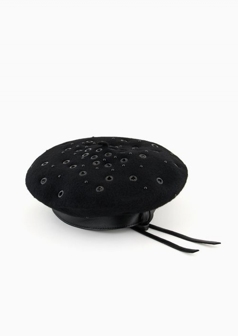 Black Emporio Armani Wool Beret With Perforated Studs | EA-SN57470