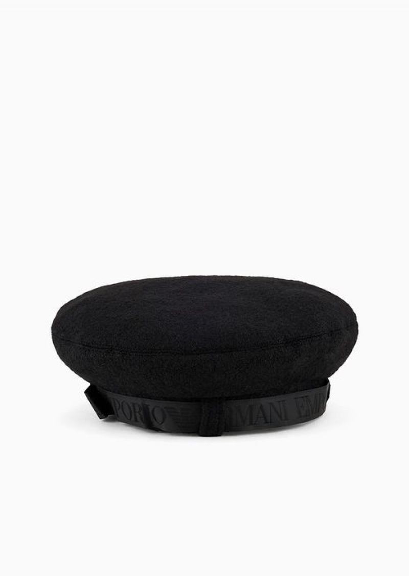 Black Emporio Armani Wool-blend Beret With Logo Ribbon | EA-SN57474