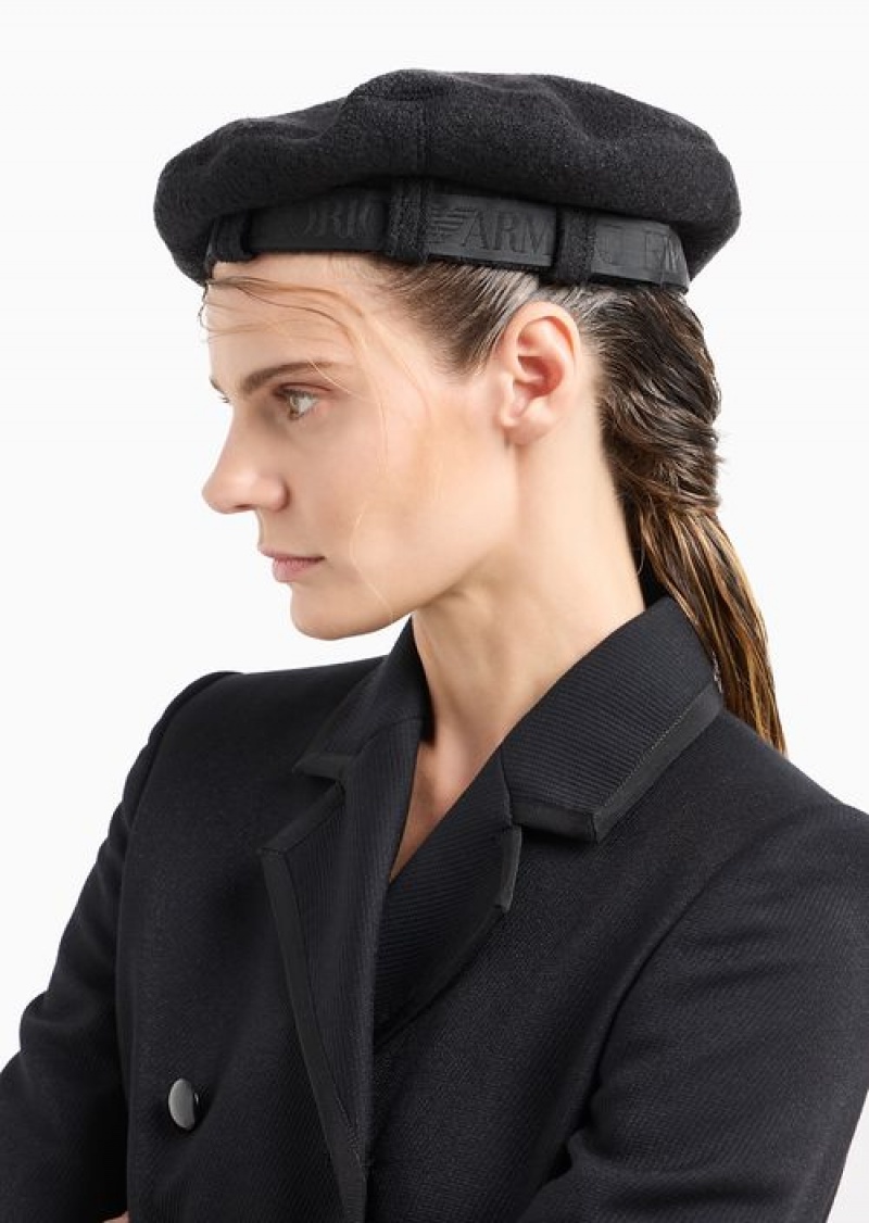 Black Emporio Armani Wool-blend Beret With Logo Ribbon | EA-SN57474