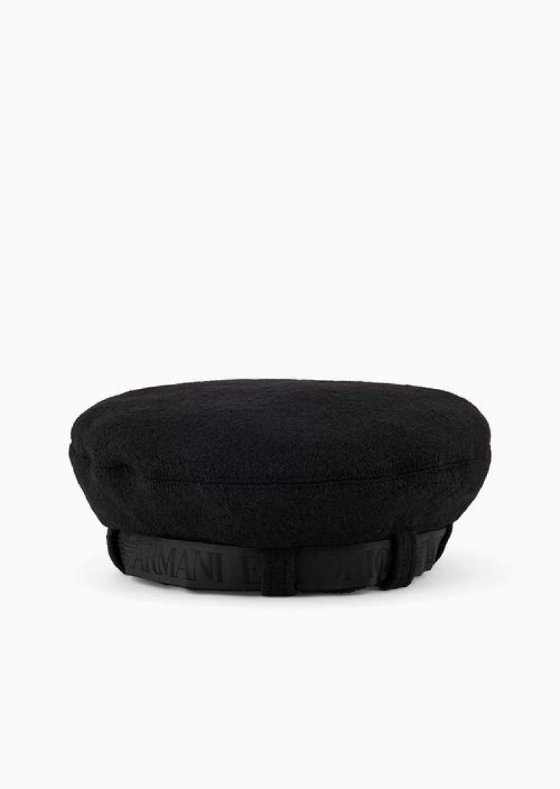 Black Emporio Armani Wool-blend Beret With Logo Ribbon | EA-SN57474