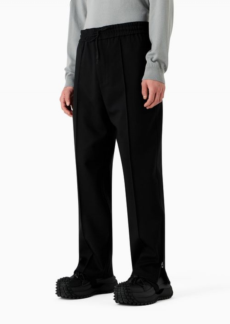 Black Emporio Armani Wool-blend Drawstring Trousers With Veining | EA-SN58410