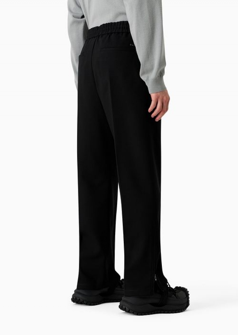 Black Emporio Armani Wool-blend Drawstring Trousers With Veining | EA-SN58410