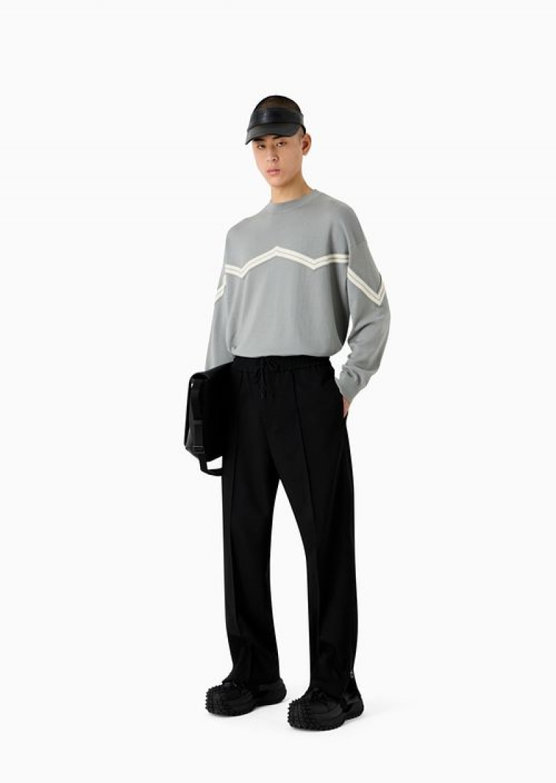 Black Emporio Armani Wool-blend Drawstring Trousers With Veining | EA-SN58410