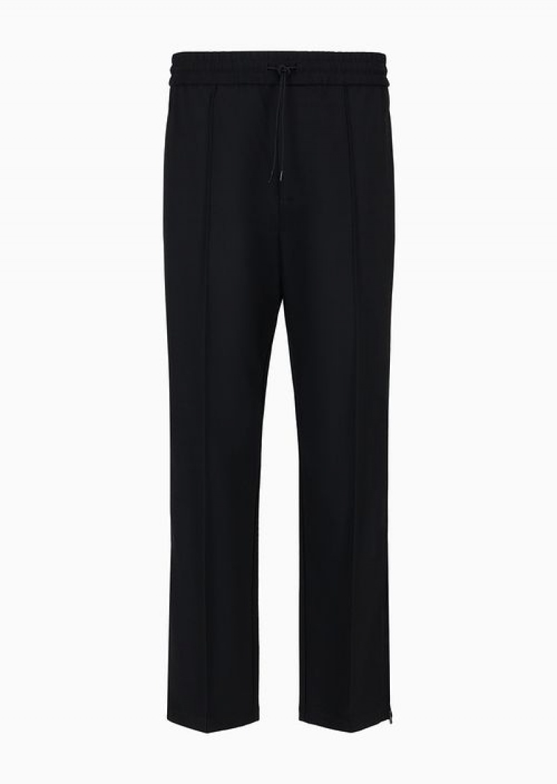 Black Emporio Armani Wool-blend Drawstring Trousers With Veining | EA-SN58410