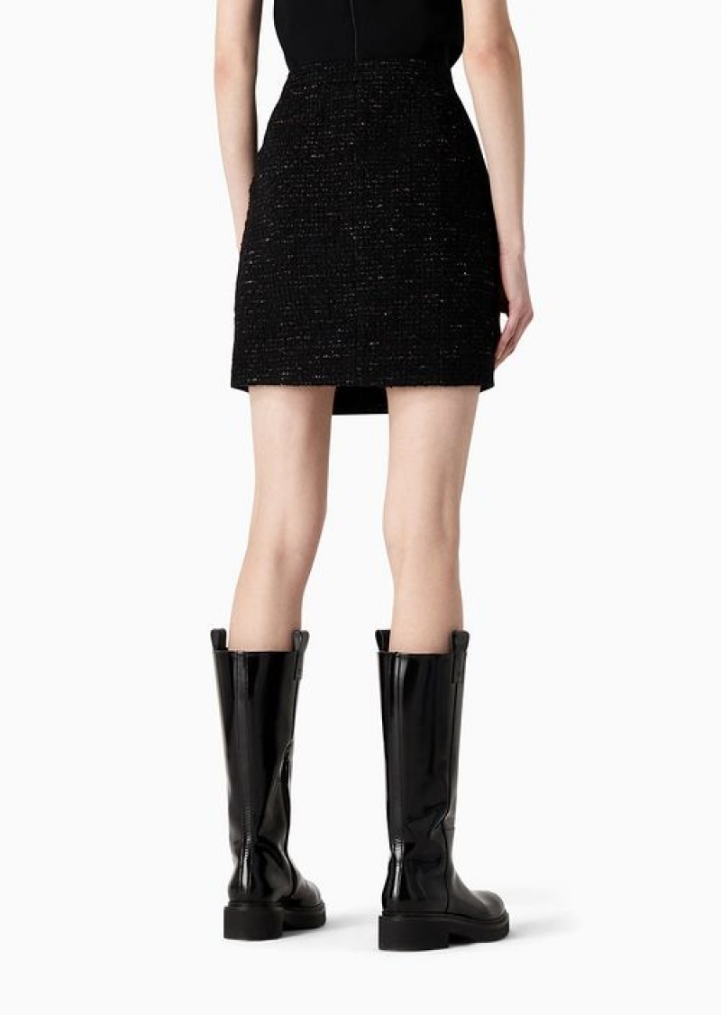 Black Emporio Armani Wool-blend Lurex-tweed Pleated Skirt | EA-SN56898