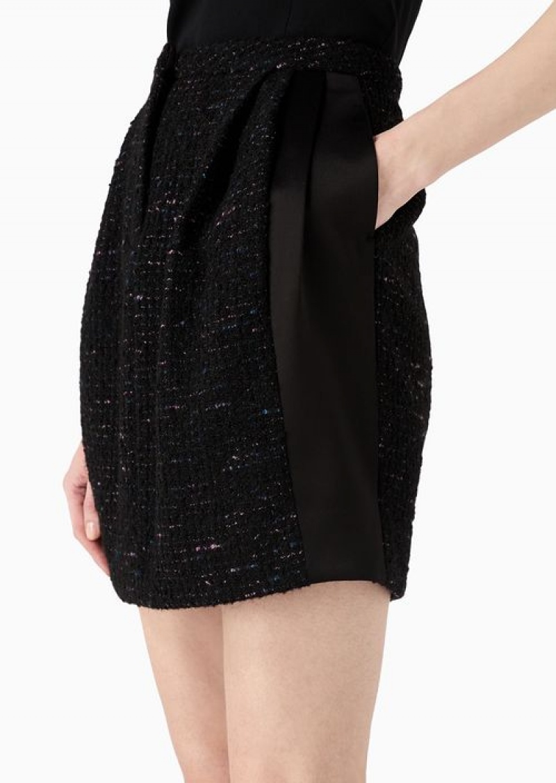 Black Emporio Armani Wool-blend Lurex-tweed Pleated Skirt | EA-SN56898