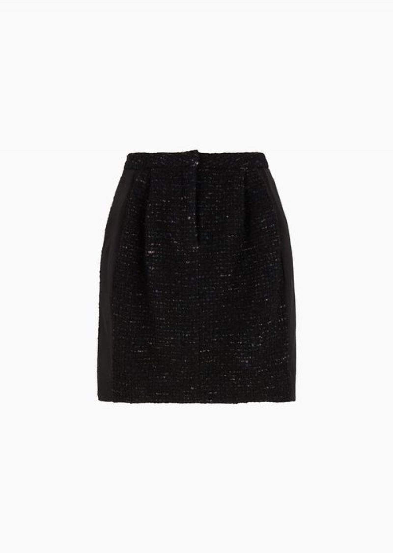 Black Emporio Armani Wool-blend Lurex-tweed Pleated Skirt | EA-SN56898