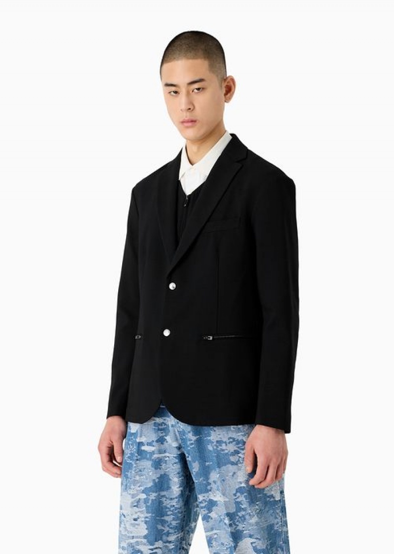 Black Emporio Armani Wool-blend Single-breasted Jacket With Detachable Inner Panel | EA-SN57823