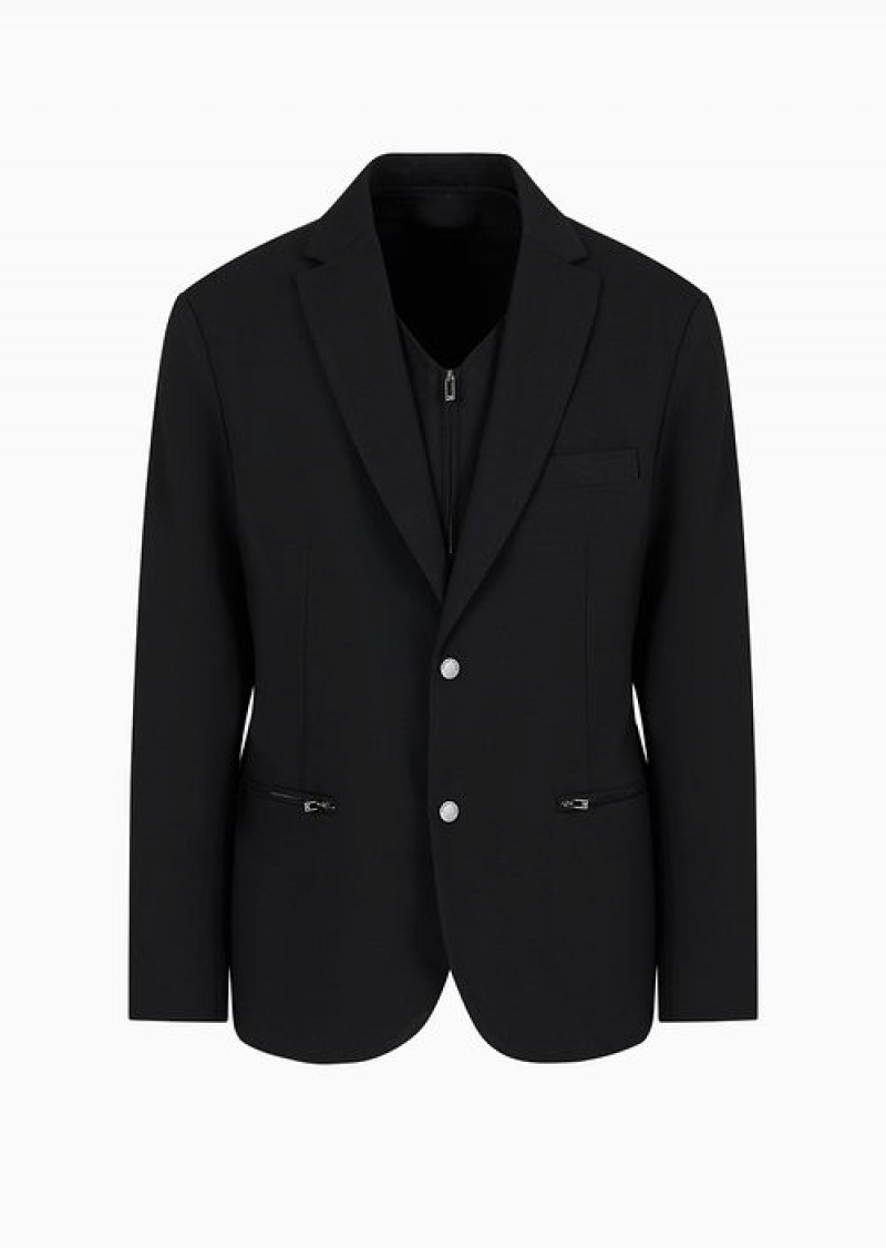 Black Emporio Armani Wool-blend Single-breasted Jacket With Detachable Inner Panel | EA-SN57823