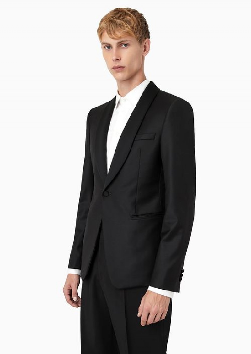 Black Emporio Armani Worsted Virgin Wool Jacket With Satin Shawl Lapels | EA-SN57817