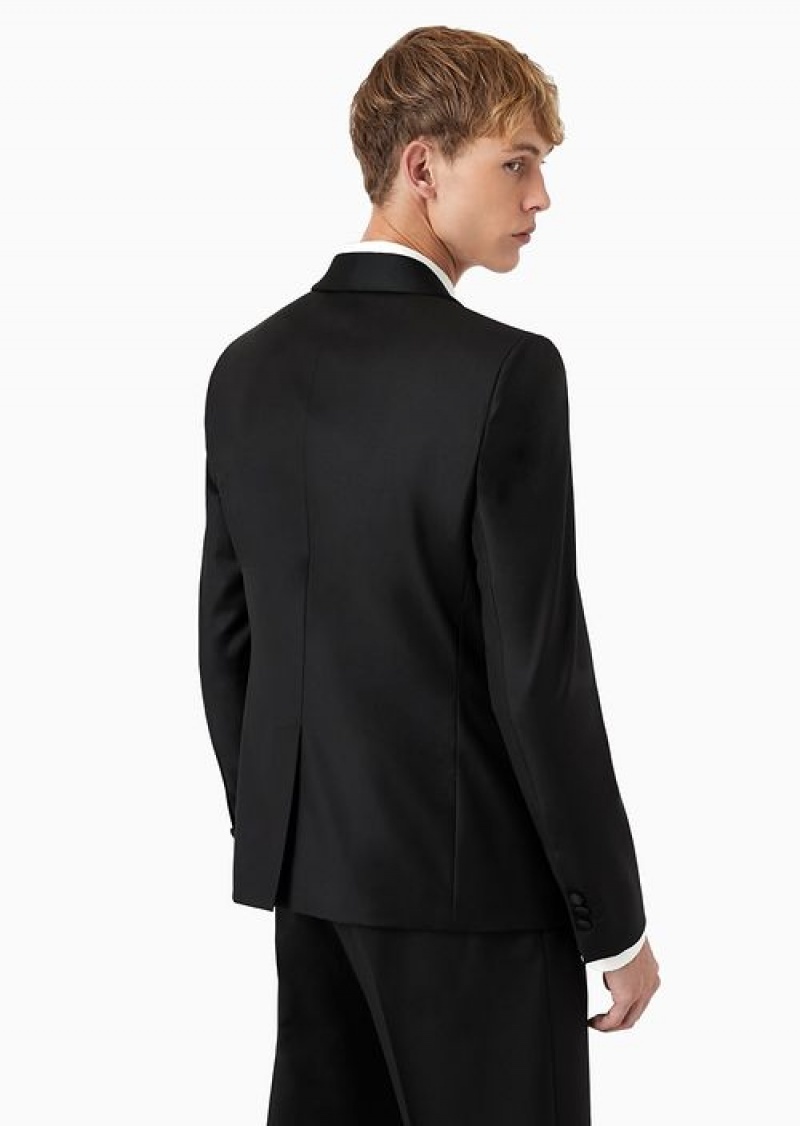 Black Emporio Armani Worsted Virgin Wool Jacket With Satin Shawl Lapels | EA-SN57817