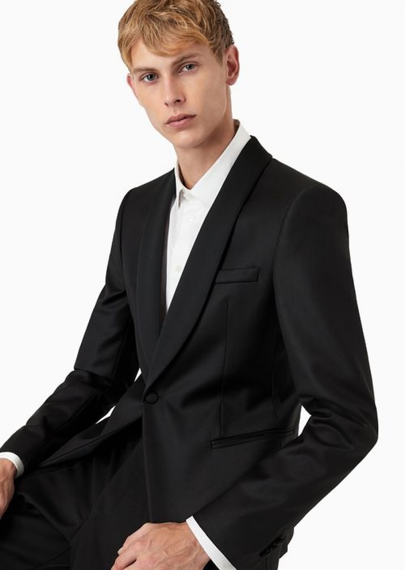 Black Emporio Armani Worsted Virgin Wool Jacket With Satin Shawl Lapels | EA-SN57817