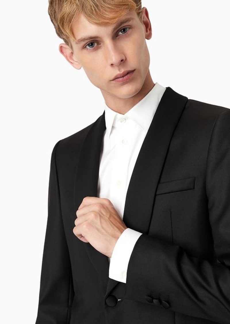 Black Emporio Armani Worsted Virgin Wool Jacket With Satin Shawl Lapels | EA-SN57817