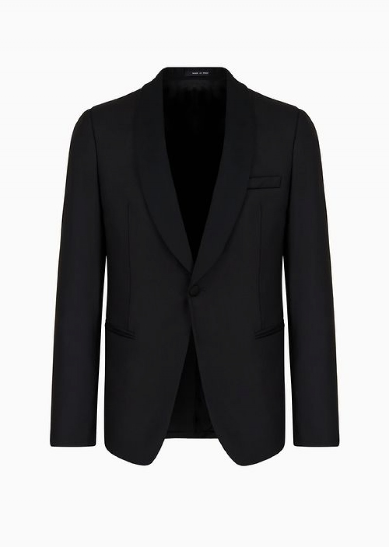 Black Emporio Armani Worsted Virgin Wool Jacket With Satin Shawl Lapels | EA-SN57817