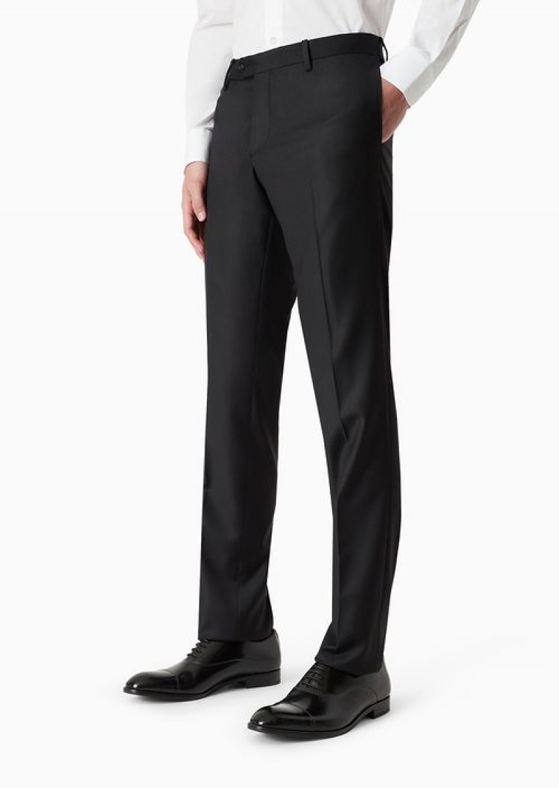 Black Emporio Armani Worsted Virgin-wool, Creased Trousers | EA-SN58383