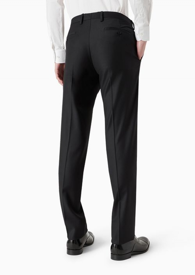 Black Emporio Armani Worsted Virgin-wool, Creased Trousers | EA-SN58383