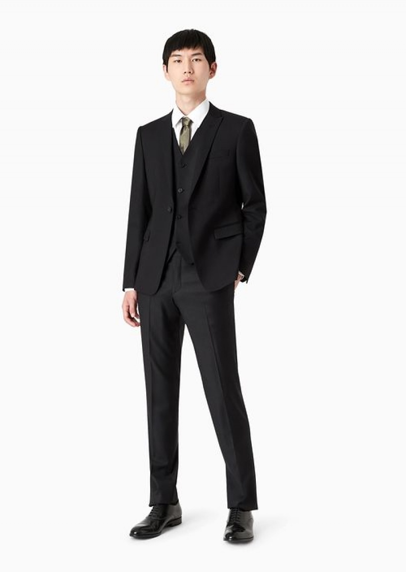 Black Emporio Armani Worsted Virgin-wool, Creased Trousers | EA-SN58383