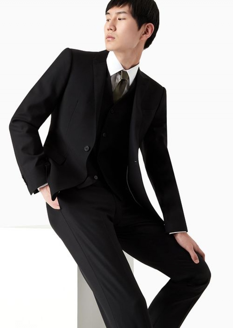 Black Emporio Armani Worsted Virgin-wool, Creased Trousers | EA-SN58383