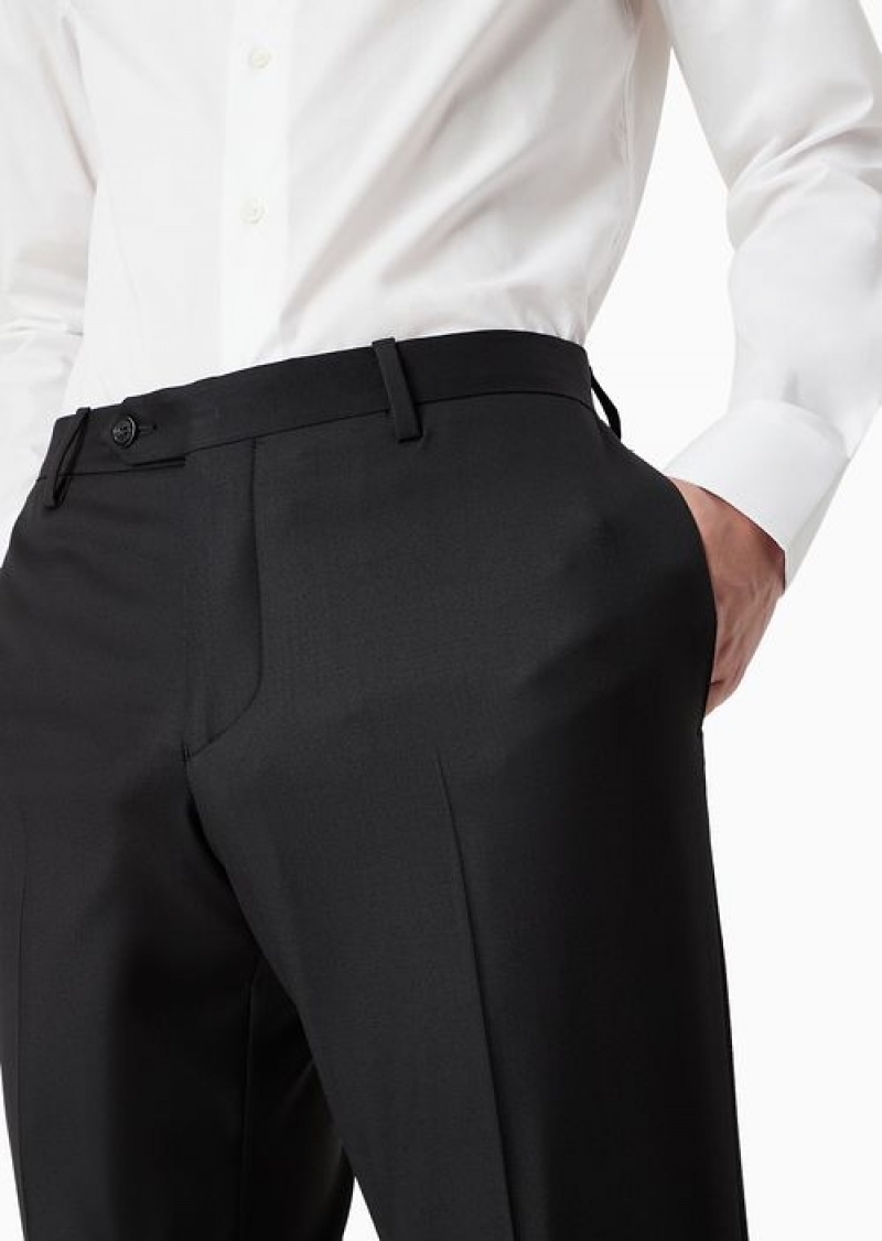 Black Emporio Armani Worsted Virgin-wool, Creased Trousers | EA-SN58383