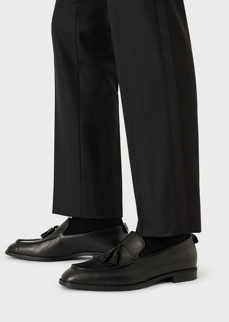 Black Emporio Armani Worsted Virgin-wool Trousers | EA-SN58384