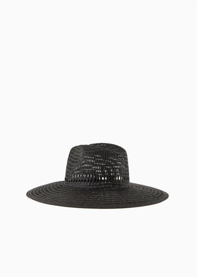 Black Emporio Armani Woven, Perforated Paper Yarn Wide-brimmed Hat | EA-SN57478