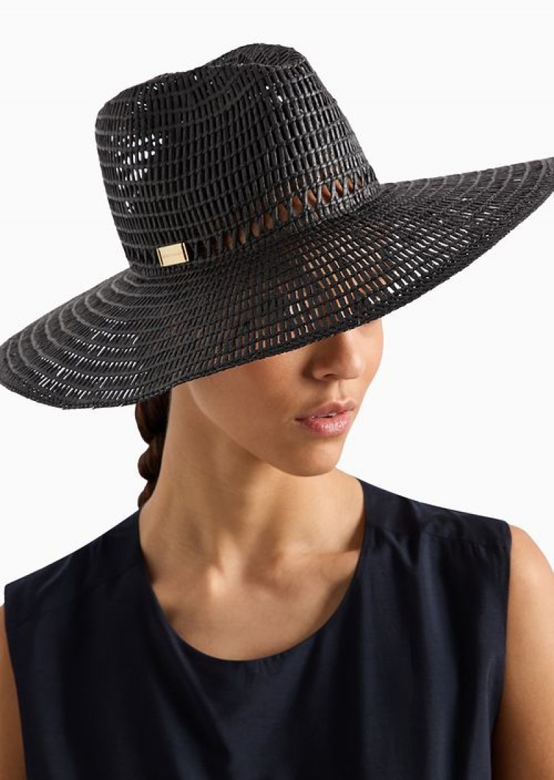 Black Emporio Armani Woven, Perforated Paper Yarn Wide-brimmed Hat | EA-SN57478