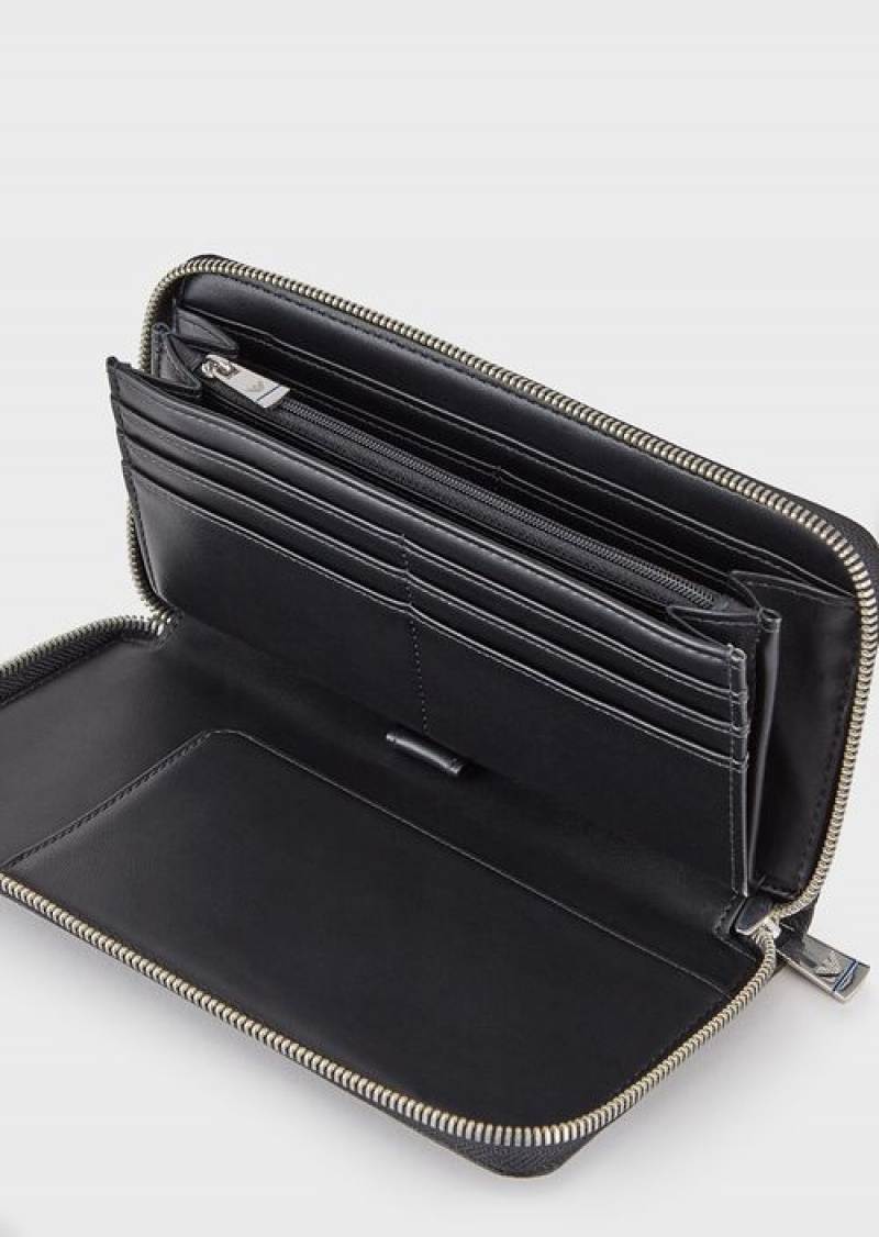 Black Emporio Armani Wraparound Zip Wallet With Eagle Plaque | EA-SN59271